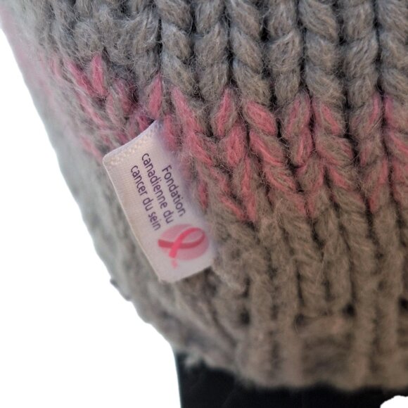 👠 5 for $25 PINK RIBBON FLEECE LINED GREY PINK STRIPED BEANIE - Picture 5 of 7